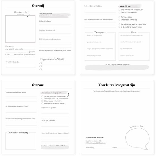 Vier pagina's uit het vriendenboek met diverse vragen en invulvelden, zoals 'Over mij', 'Jij met je kleuren', 'Over ons' en 'Voor later als we groot zijn'.