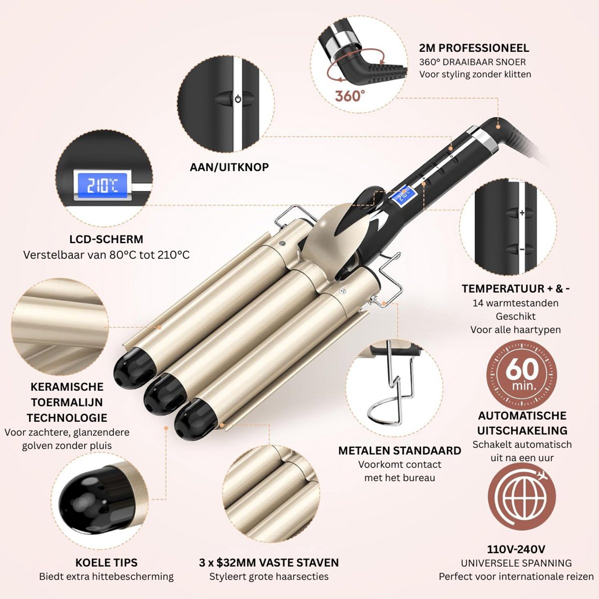 Wafeltang Krultang voor Dik en Dun Haar met Handschoenen - afbeelding 3