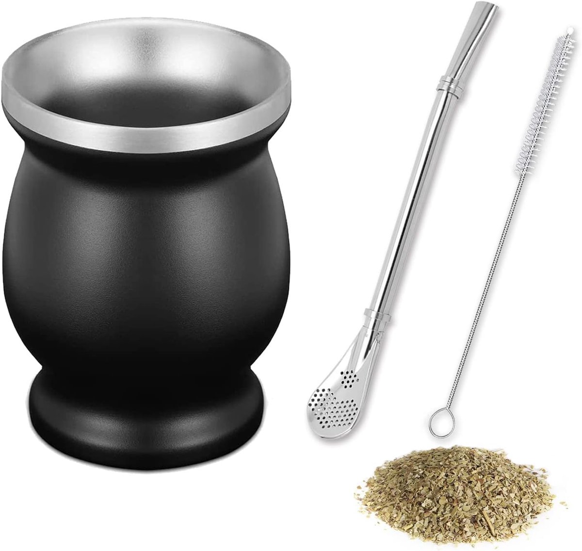 Mate Cup Set - Thee Set met Reinigingsborstel en Mate Rietje - Zwart