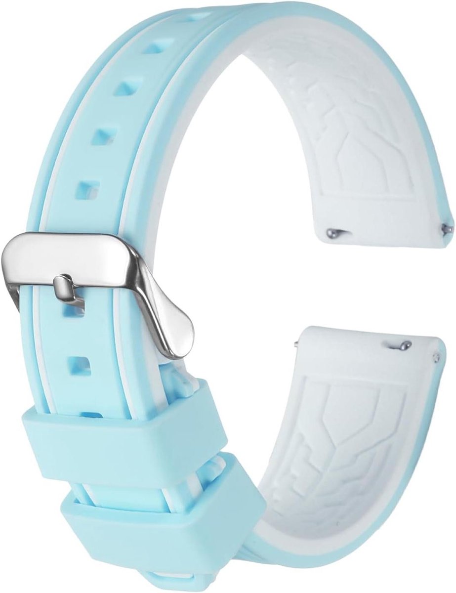 Allecto plus - Siliconen horlogeband 22 mm breed, zacht sluitmechanisme, rubberen armband zilverkleurige gesp - heren en dames - lichtblauw en wit - 22mm - geen edelsteen - duurzaam en comfortabel - dames- en herenhorlogeband - horloge accessoire
