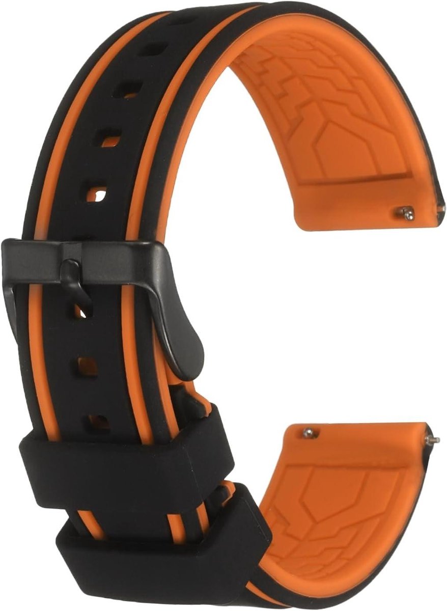 Allecto plus - Siliconen horlogebandje 20 mm breed, snelsluiting, matzwarte gesp, unisex, zwart-oranje.