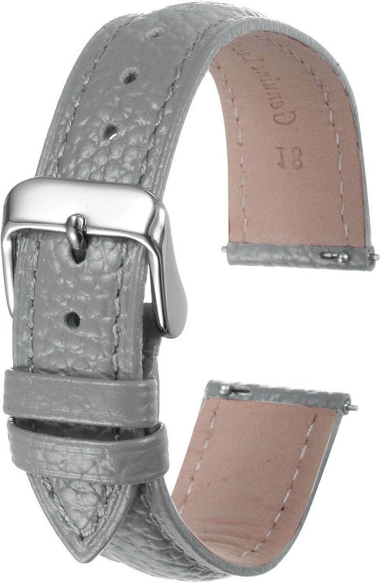 Allecto plus - Echt rundleer horlogeband 18 mm grijs, snelle vervanging met roestvrijstalen gesp