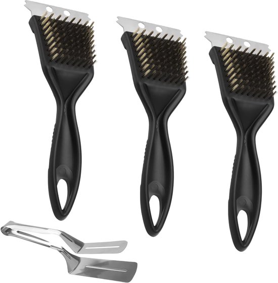 3 stuks grillborstel messing met 1 x grillklem van roestvrij staal - 3-in-1 messing borstel grill met schraper - grillborstel voor gietijzeren rooster - roestvrij staal - barbecue schoonmaakaccessoires