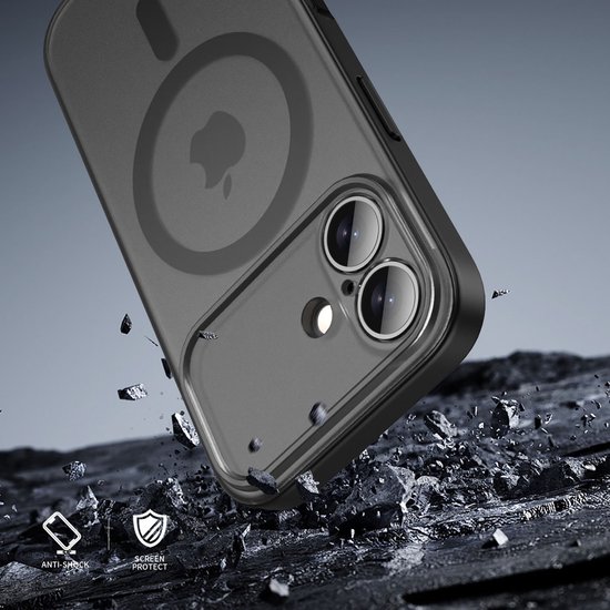 IYUPP Hoesje Geschikt voor iPhone 17 Hoesje - Geschikt voor MagSafe - Shockproof Back Cover - Mat Zwart Transparant