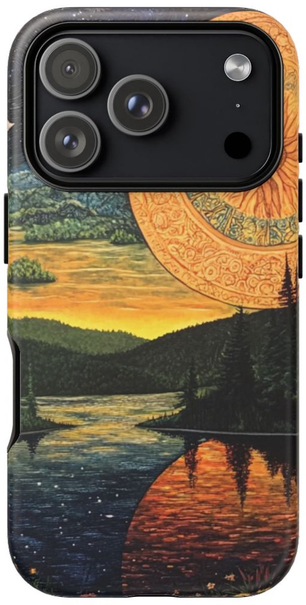 Zon en Maan Boven Rivierlandschap – Telefoonhoesje Geschikt voor iPhone 17 Pro