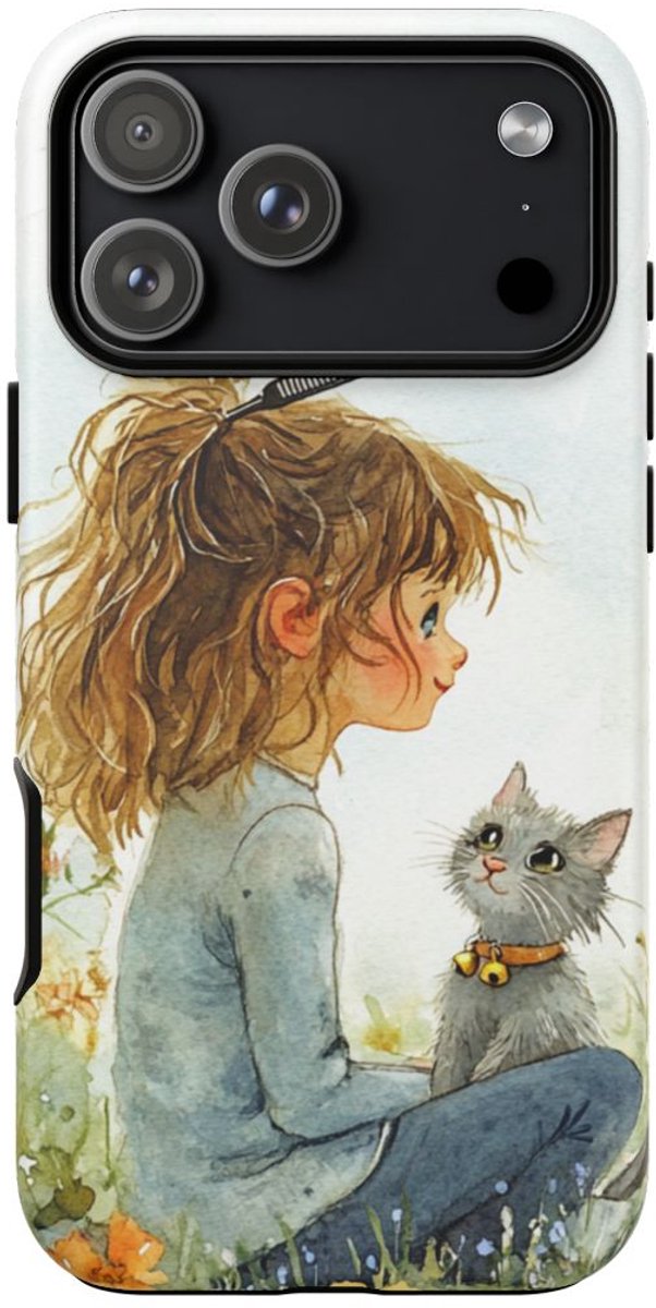 Meisje met Katje in Bloementuin – Telefoonhoesje Geschikt voor iPhone 17 Pro Max