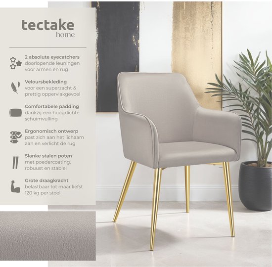 Chaise de salle à manger grise avec revêtement en velours et pieds dorés fins, détail du tissu.