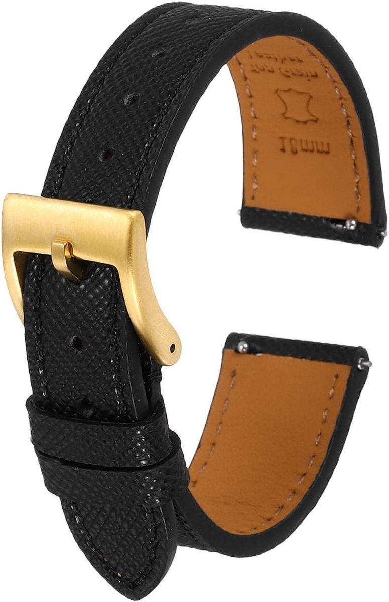 Allecto plus - Echt leren horlogebandje 18 mm zwart met roestvrijstalen gouden gesp - Reservearmband voor mannen en vrouwen - Snelwissel - Kwaliteitsbandje