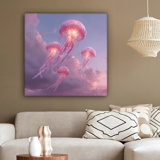 Canvas schilderij 90x90 cm - Wanddecoratie Kwallen - Roze - Wolken - Muurdecoratie woonkamer - Slaapkamer decoratie - Kamer accessoires - Schilderijen op canvas