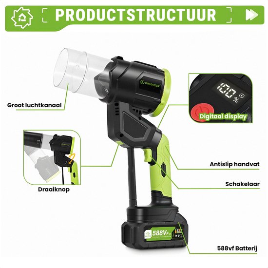 ONEGREEN - Multi Bladblazer - Verschillende Standen - 2 Verlengstukken - Compact & Lichtgewicht - 3 Snelheden - Incl. 2 Accu's van OneGreen — afbeelding 3