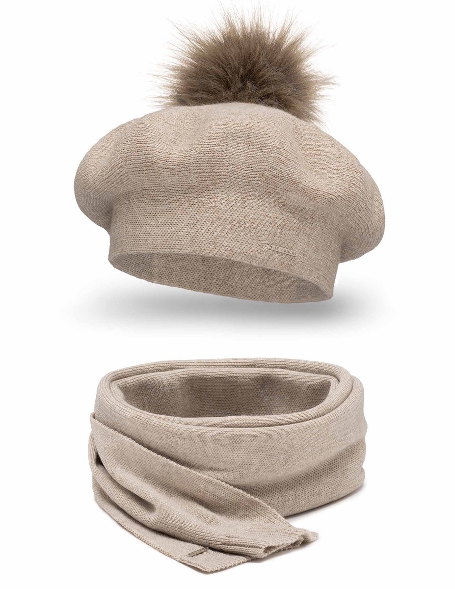 Vivisence Dames Winter Baret En Sjaal Set - Wolmix Met Wol En Acryl Met Pompon Van Imitatiebont - Zacht Comfort Voor Koude Dagen Elegant Bij Alledaagse En Chique Outfits Afmetingen Sjaal 166 x 29 cm - Beige