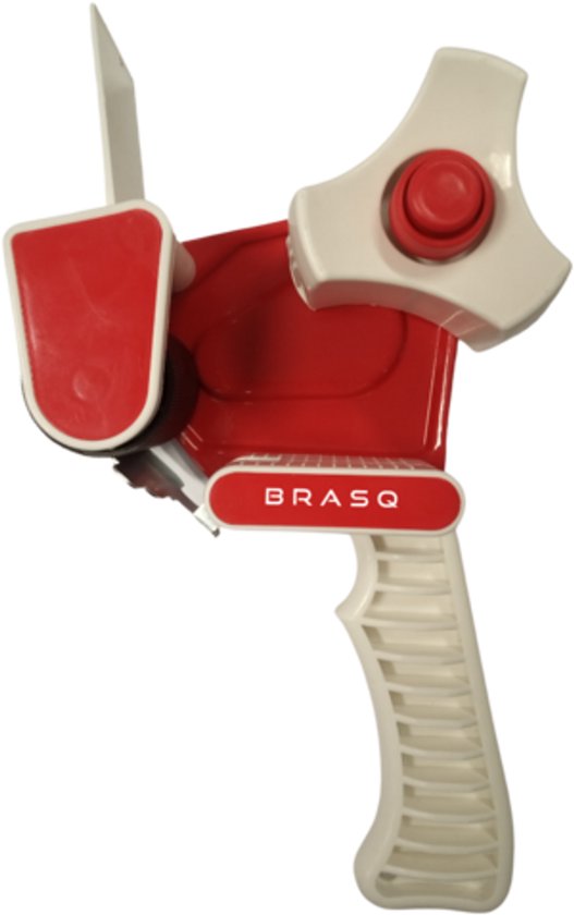 Rode en witte tape dispenser met geribde handgreep, tegen zwarte achtergrond.