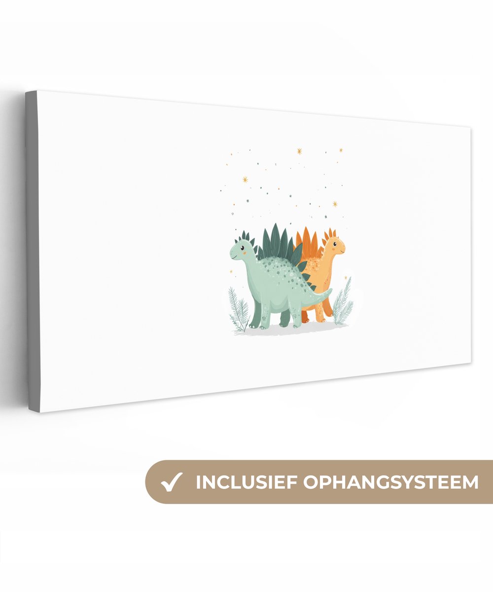 Canvas schilderij 300x140 cm - Exclusieve wanddecoratie Planten - Sterren - Dinosaurussen - Oranje - Kinderkamer schilderijen - Muurdecoratie babykamer jongen - Kamer decoratie voor jongens - Baby accessoires