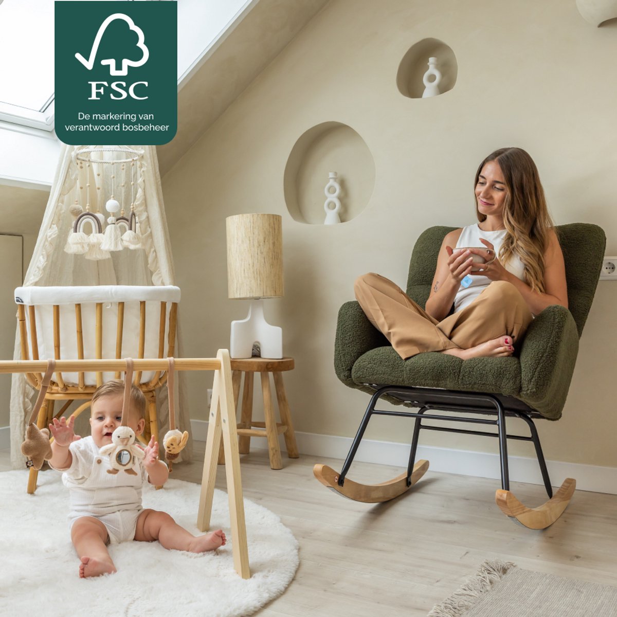 SITTT Schommelstoel - Relaxstoel babykamer - Fauteuil - Voedingsstoel - Donker Groen — afbeelding 6