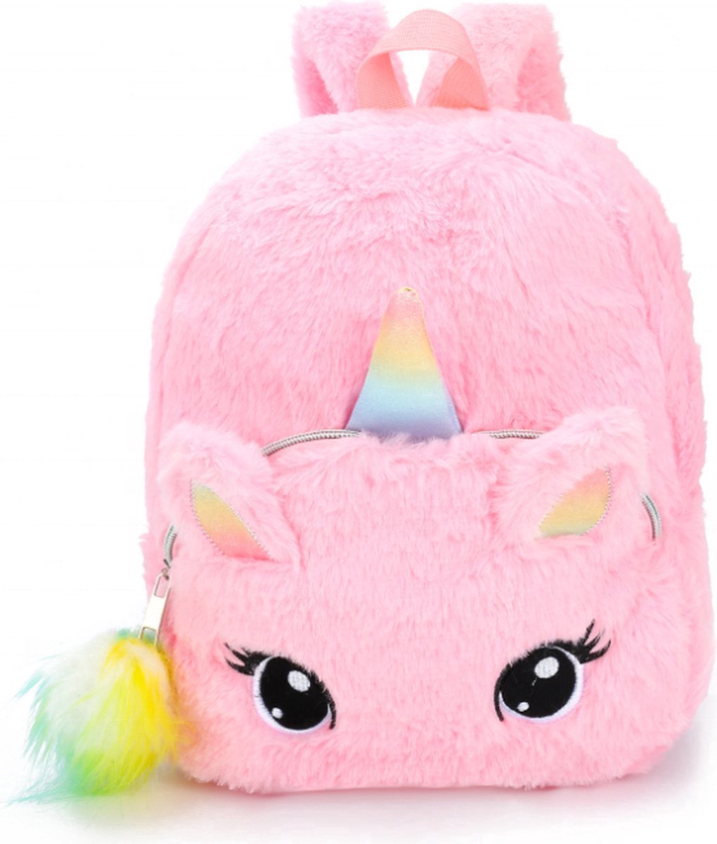 Unicorn Rugzak Lichtroze – Pluche – Grote Ogen & Regenboog Hoorn – 30x24x10 cm – 7L – Schattige Kinder Rugtas