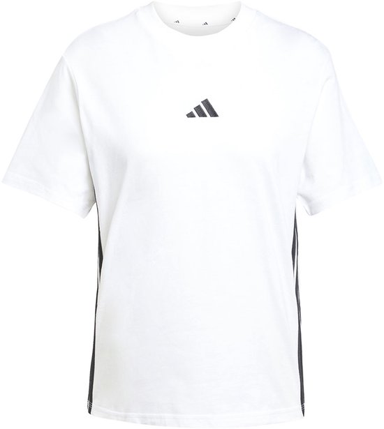 Wit Adidas T-shirt met zwarte strepen op de zijkanten en een klein Adidas logo op de borst.