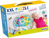 Puzzle XXL Fantasy avec un enfant de 4+ tenant une pièce. Le puzzle montre un mandala rond avec des insectes cachés, des papillons et des fleurs.