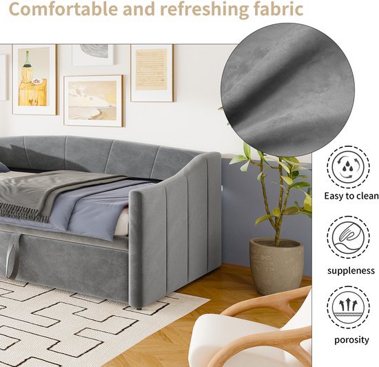 Dagbed uittrekbaar, slaapbank gestoffeerd bed, 90/180 x 200 cm, fluwelen stof, uittrekbaar tot tweepersoonsbed, voor volwassenen, 2 personen, zonder matras