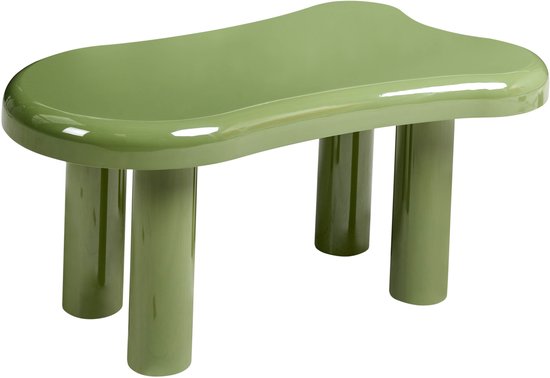 Table basse verte avec un plateau de forme irrégulière et quatre pieds ronds.