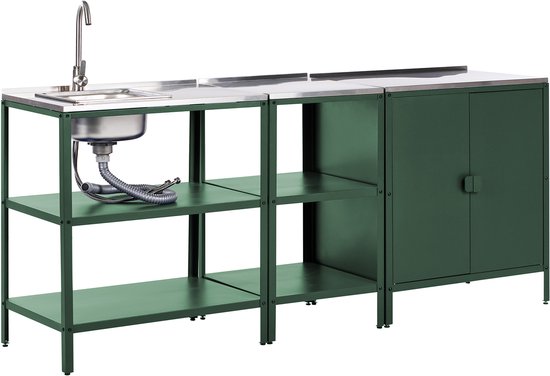 Îlot de cuisine extérieur modulaire vert avec plan de travail, évier et armoire en acier inoxydable.