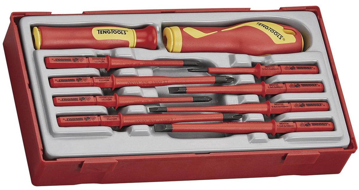 Geïsoleerde schroevendraaierset TT1 tray Plat- PH- PZ 10 delig Teng Tools TTV710N