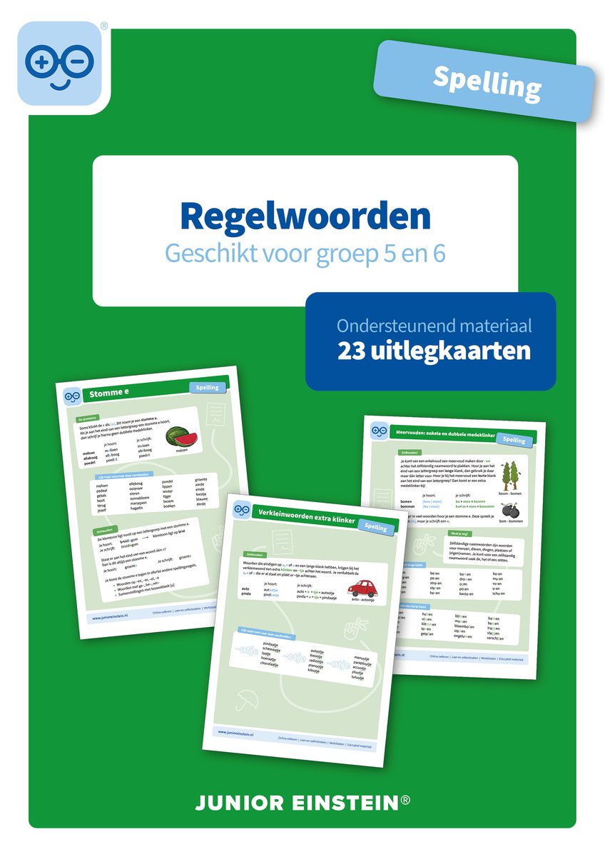 Blauw-groen document met titel 'Regelwoorden' en 'Ondersteunend materiaal 23 uitlegkaarten'.