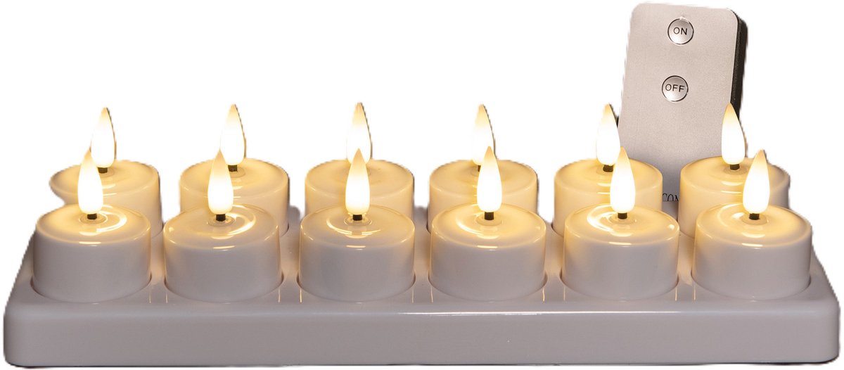 Anna's Collection Oplaadbare LED theelichtjes/waxinelichtjes - 12x - wit - H5 cm - met oplaadstation - kaarsen