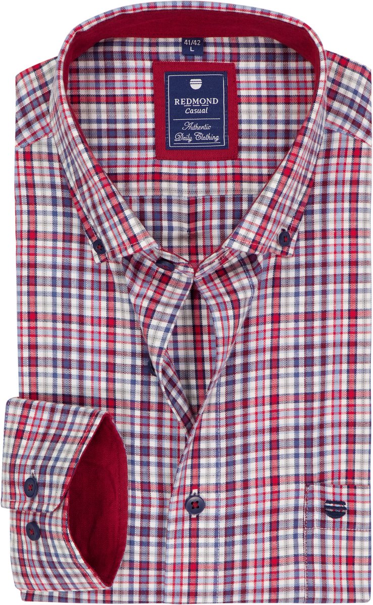 Redmond comfort fit overhemd - twill - blauw - wit - rood en grijs geruit - Strijkvriendelijk - Boordmaat: 39 - 40