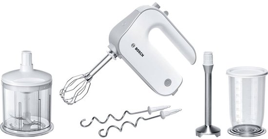 Witte Bosch handmixer met accessoires: hakmolen, maatbeker en deeghaken.