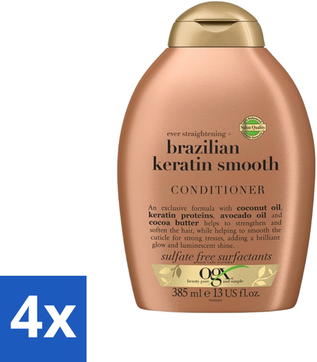 4 x OGX - Brazilian Keratin Smooth - Conditioner - Gladmakend - Herstellend - 385 ml - Keratine Conditioner - Haar Verzorging - Pluisvrij Haar - Glad Haar - Droog Haar