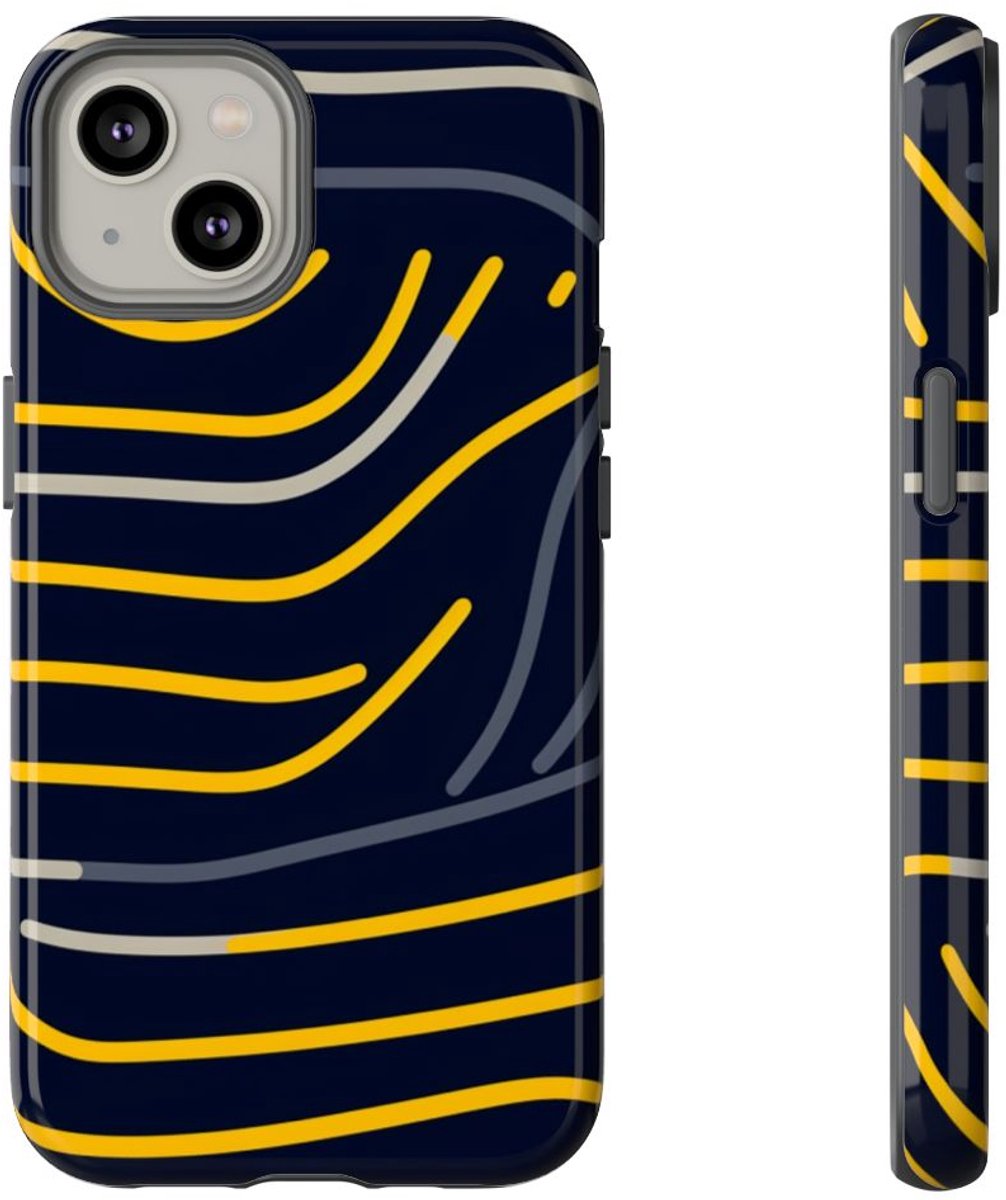 Abstracte Donkerblauwe en Gele Lijnen – Telefoonhoesje Geschikt voor iPhone 14