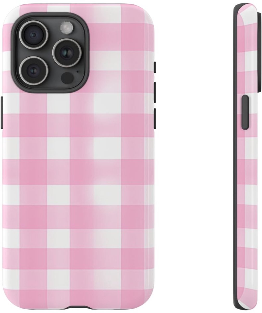 Roze en Wit Geruit Patroon – Telefoonhoesje Geschikt voor iPhone 15 Pro Max