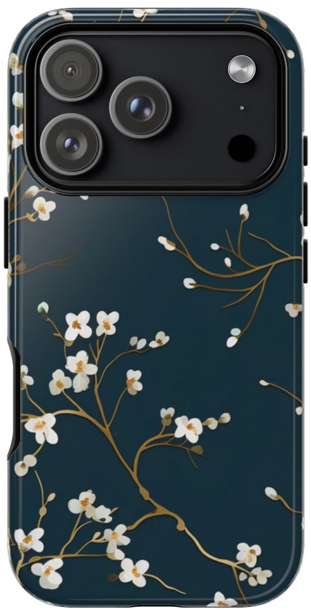 Witte Bloesemtakken op Donkerblauw – Telefoonhoesje Geschikt voor iPhone 17 Pro