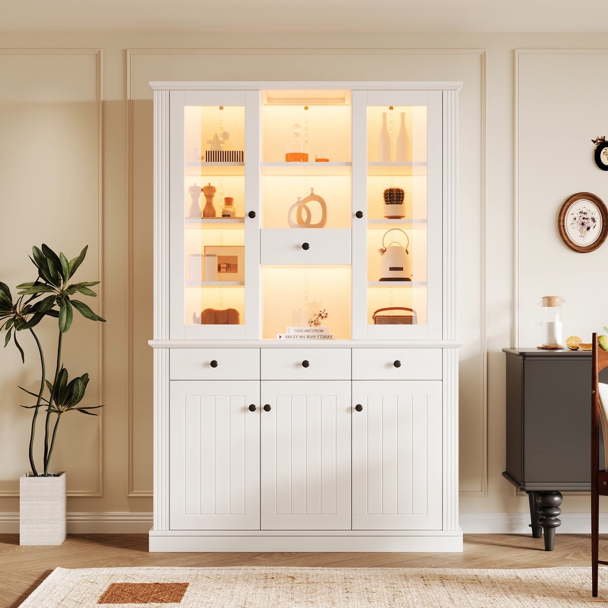Sweiko Vitrinekast - 119.5 × 40 × 180 cm - 4 laden - LED-verlichting - Meerdere opbergvakken - MDF - Wit