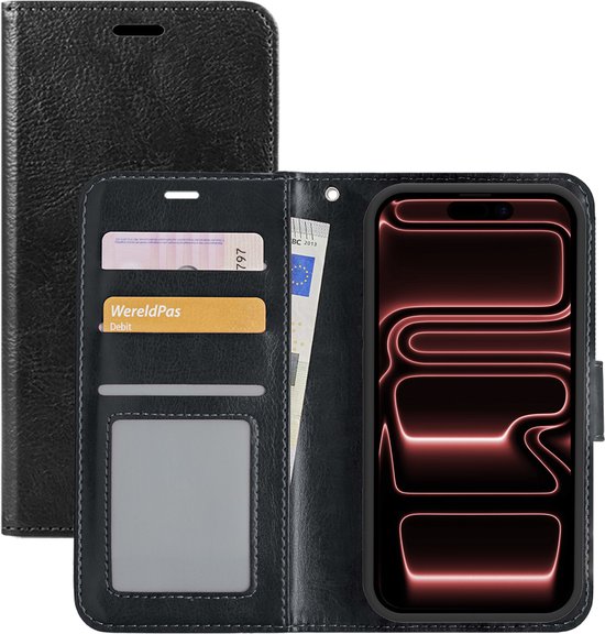 Étui portefeuille noir avec porte-cartes, compartiment à billets et support de téléphone. Montre la 'WereldPas'.