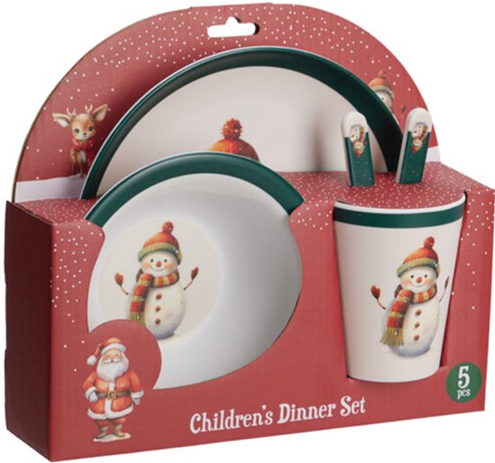 Kerst servies setje - 5-delig - met sneeuwpop - voor kinderen - ontbijtset - kerstdiner - bordje, beker, kom, mes, vork
