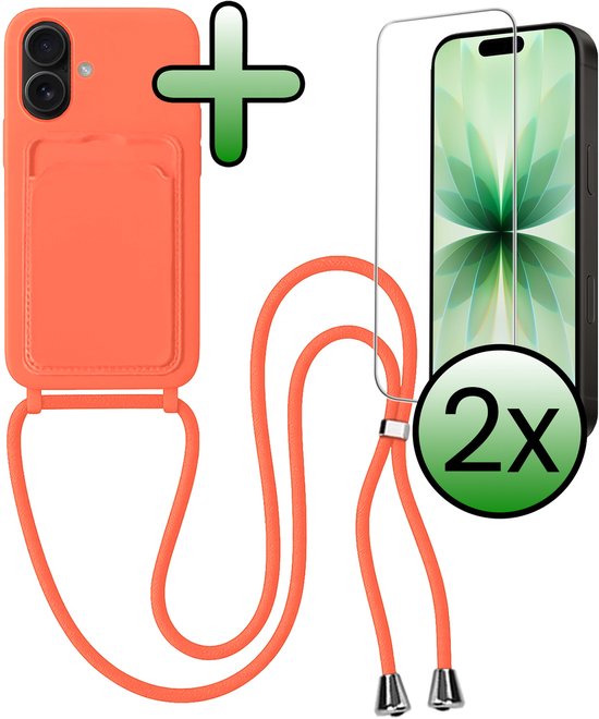 Coque de téléphone orange avec porte-cartes, cordon et 2 protecteurs d'écran.