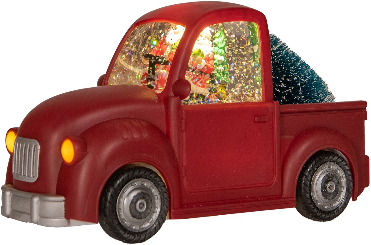 Anna's Collection Snowglobe auto - rood - met kerstman - 22 cm - sneeuwbol lantaarn - kerstversiering