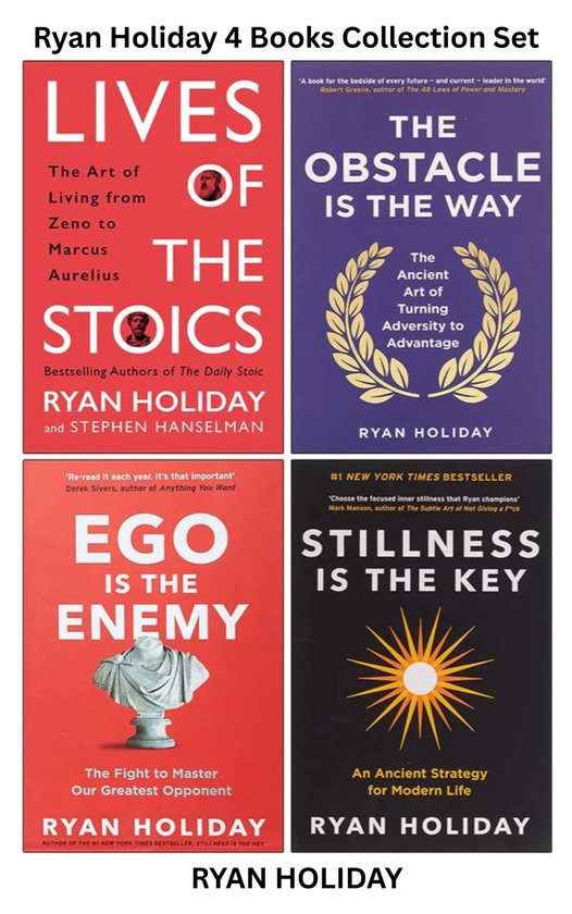 De Ryan Holiday 4-delige boekenboxset, met de titels "Lives of the Stoics", "The Obstacle Is the Way", "Ego Is the Enemy" en "Stillness Is the Key".