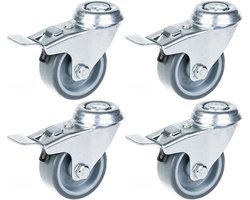 50 mm zwenkwiel met grijze rubberen band, 2 inch, met rem, draagvermogen 160 kg, set van 4