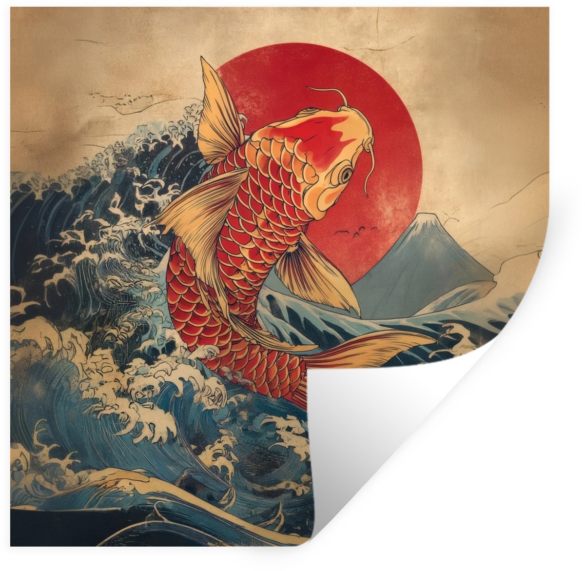 Muurstickers - Sticker Folie - Koi - Zee - Golven - Zon - 30x30 cm - Plakfolie - Muurstick