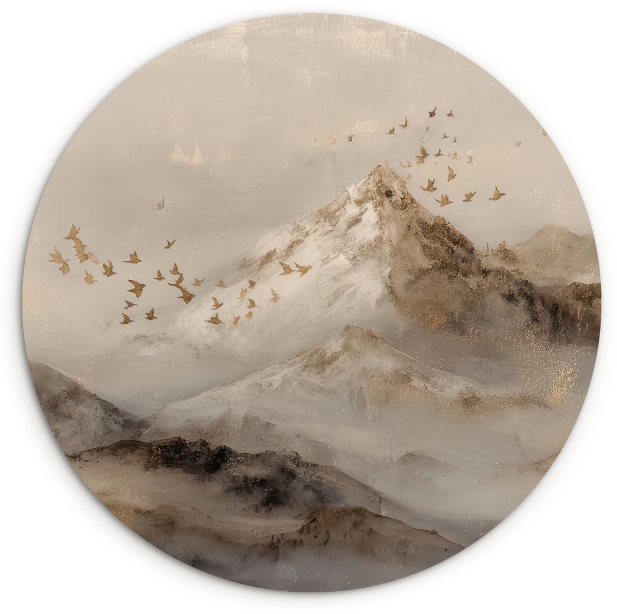 WallCircle Wandcirkel 90x90 cm - Muurcirkel Berglandschap - Mist - Penseelstreken - Muurdecoratie woonkamer - Wanddecoratie slaapkamer - Kamer decoratie accessoires - Ronde schilderijen Berglandschap - Mist - Vogels