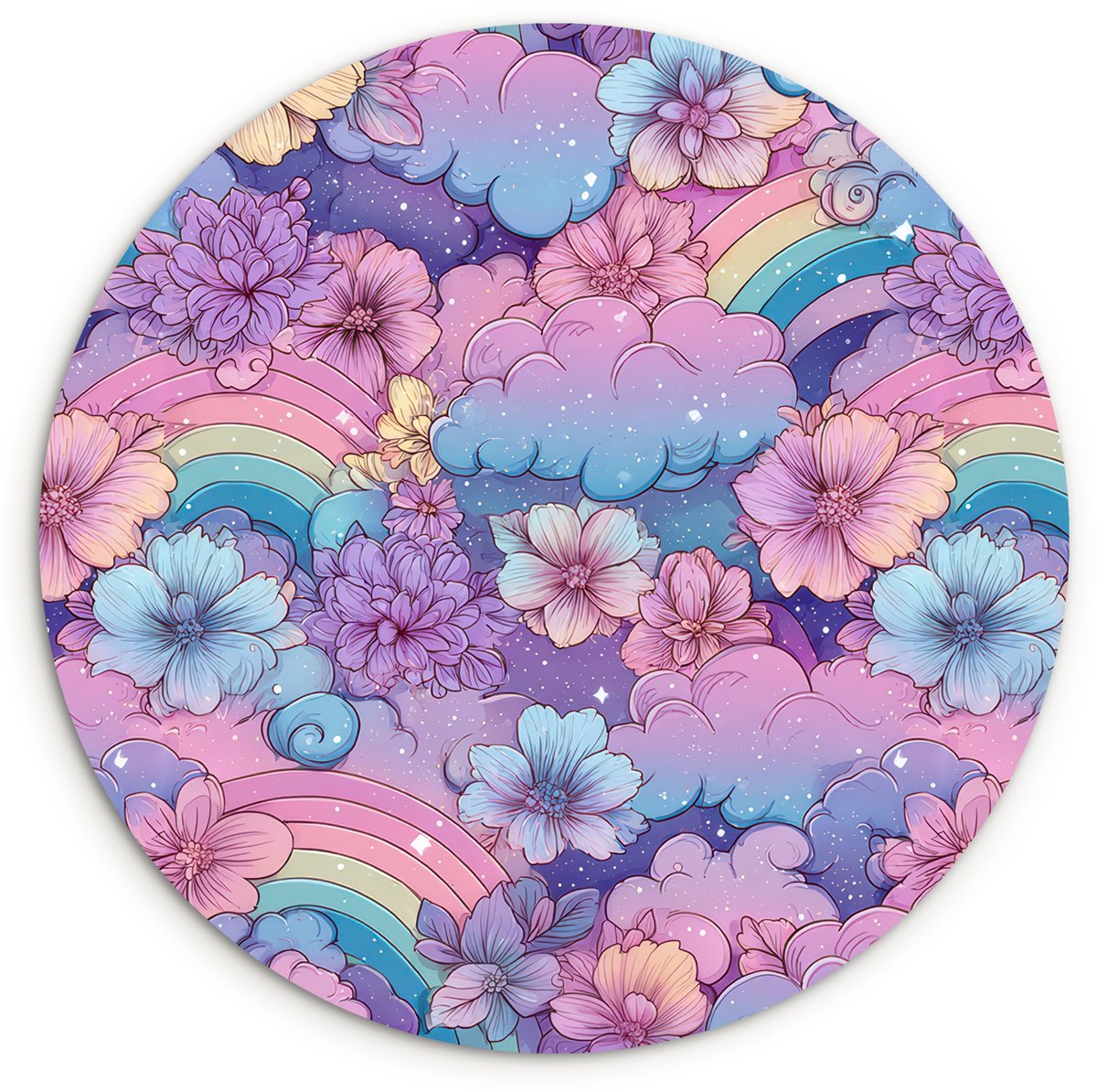 WallCircle Wandcirkel 60x60 cm - Muurcirkel Regenbogen - Bloemen - Kleurrijk - Wolken - Muurdecoratie woonkamer - Wanddecoratie slaapkamer - Kamer decoratie accessoires - Ronde schilderijen
