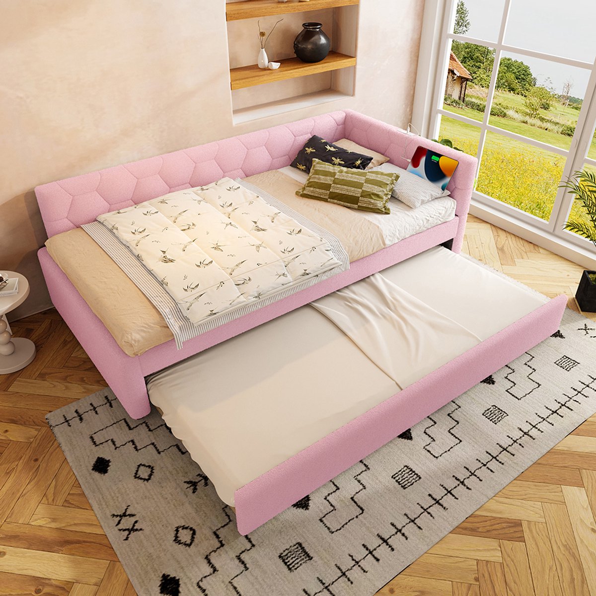 BLACKCOLORS Rustbed, 90*200 cm Rustbed, slaapbank, bed met lattenbodem (zonder matras), met bedlampje, met multifunctioneel uitschuifbed, USB-poort, type C, comfortabel materiaal, imitatie fleece, roze