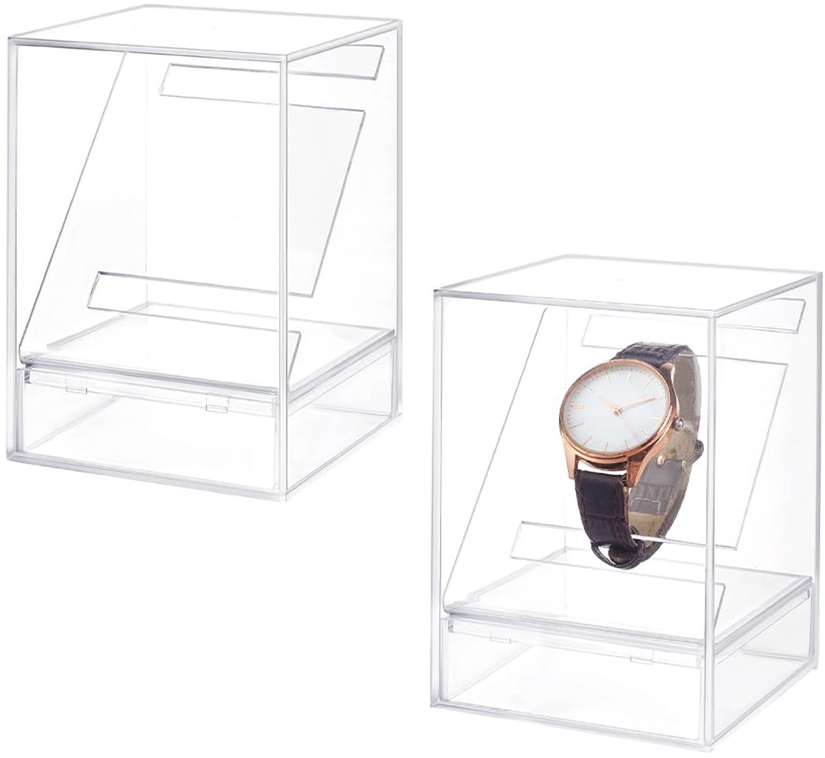 2pcs Watch Display Stand Boxes, 3x3x4.7inch Clear Acrylic Single Watch Holder Case Bracelet Display Rack Jewelry Holder Watches Organizer Storage Stands for Men Women Watch
