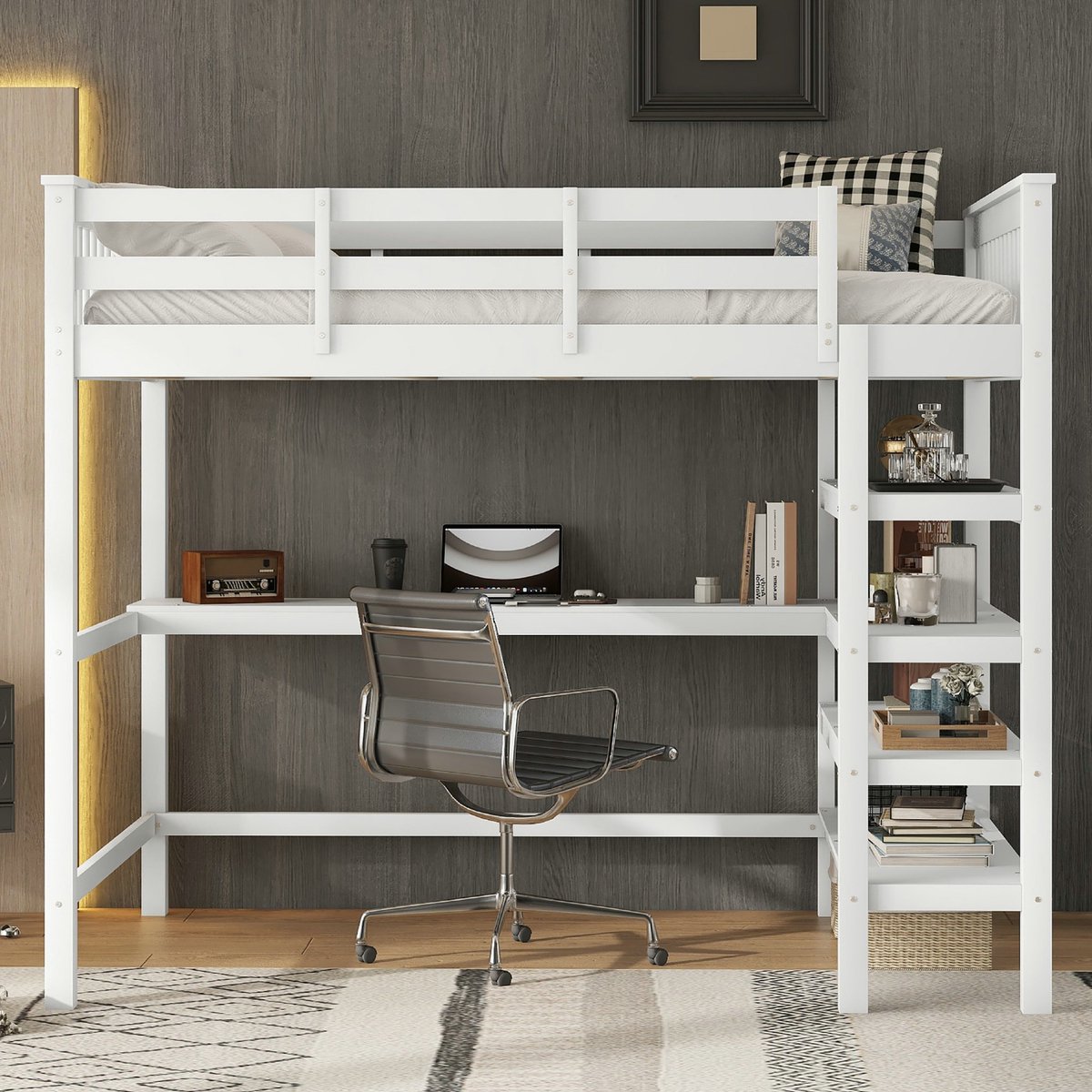 VVBV Kinderhoogslaper 140x200 cm, met opbergruimte en bureau, zonder matras, wit, Wit + Grenen(matras niet inbegrepen)