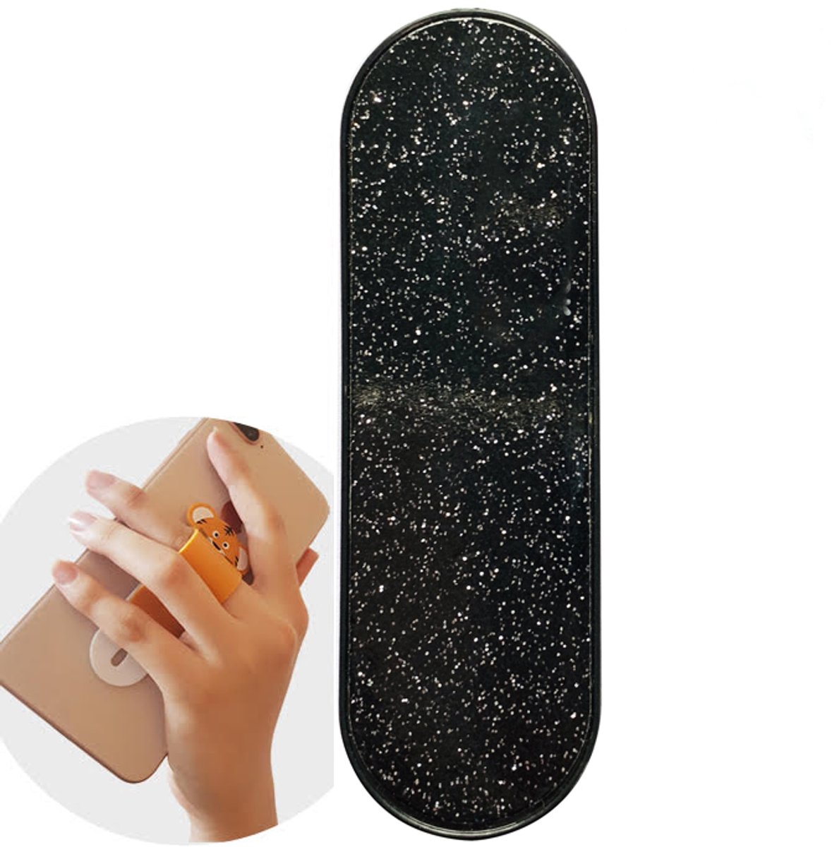 GadgetKing Vinger Grip houder – verstelbare flexibele GSM vingerhouder / Telefoonring grip / vingerhouder / telefoonring standaard / selfiehouder / telefoonhouder / ringhouder / telefoonstandaard – GLITTERS ZWART