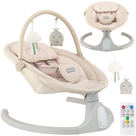 Beige babyschommel met speelboog, speeltjes, afstandsbediening en losse zitting.