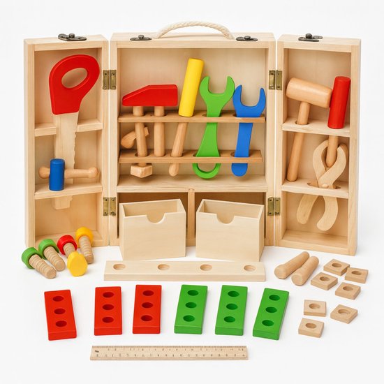 Maxx Kidz Houten Speelgoed Gereedschap XL voor Kinderen – Gereedschapset Inclusief Koffer en 45 Accessoires – Educatief Speelgoed voor Kind - 3+