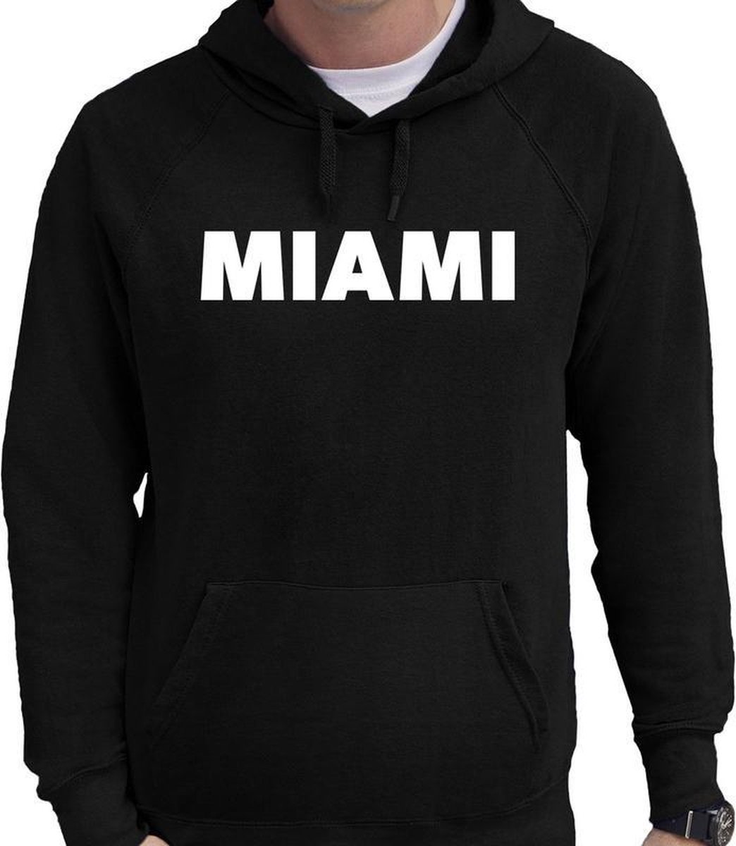 Afbeelding van product Bellatio Decorations  Miami tekst hoodie zwart voor heren - zwarte Miami sweater/trui met capuchon L  - maat L